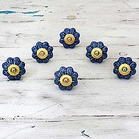 Ceramic cabinet knobs, 'Flower Harmony in Blue' (set of 6)