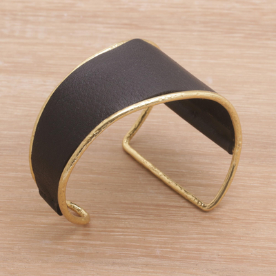 Leather and brass cuff bracelet, 'Golden Black Swirl' - Golden Black Leather and Brass Cuff Bracelet from Bali