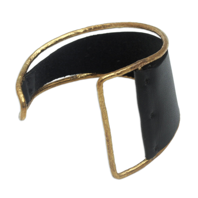 Leather and brass cuff bracelet, 'Golden Black Swirl' - Golden Black Leather and Brass Cuff Bracelet from Bali