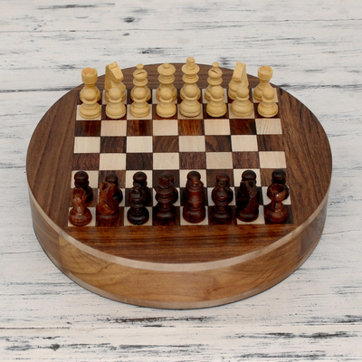 Wood chess set, 'Circle' - Wood Chess Set with Storage Drawers