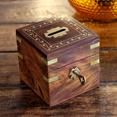 Banco de madera con incrustaciones de latón - Caja de banco de madera con cerradura con incrustaciones de latón