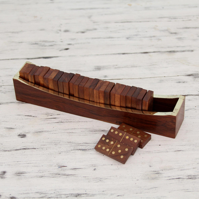 Brass inlay wood dominoes, 'Competition' - Indian Hand Crafted Brass Inlay Wood Domino Set