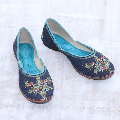 Cotton denim jutti shoes, 'Navy Bliss' - Hand-Embellished Cotton Denim Jutti Shoes from India