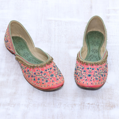 Silk jutti shoes, 'Strawberry Taj Mahal' - Embellished Silk Jutti Shoes in Strawberry from India