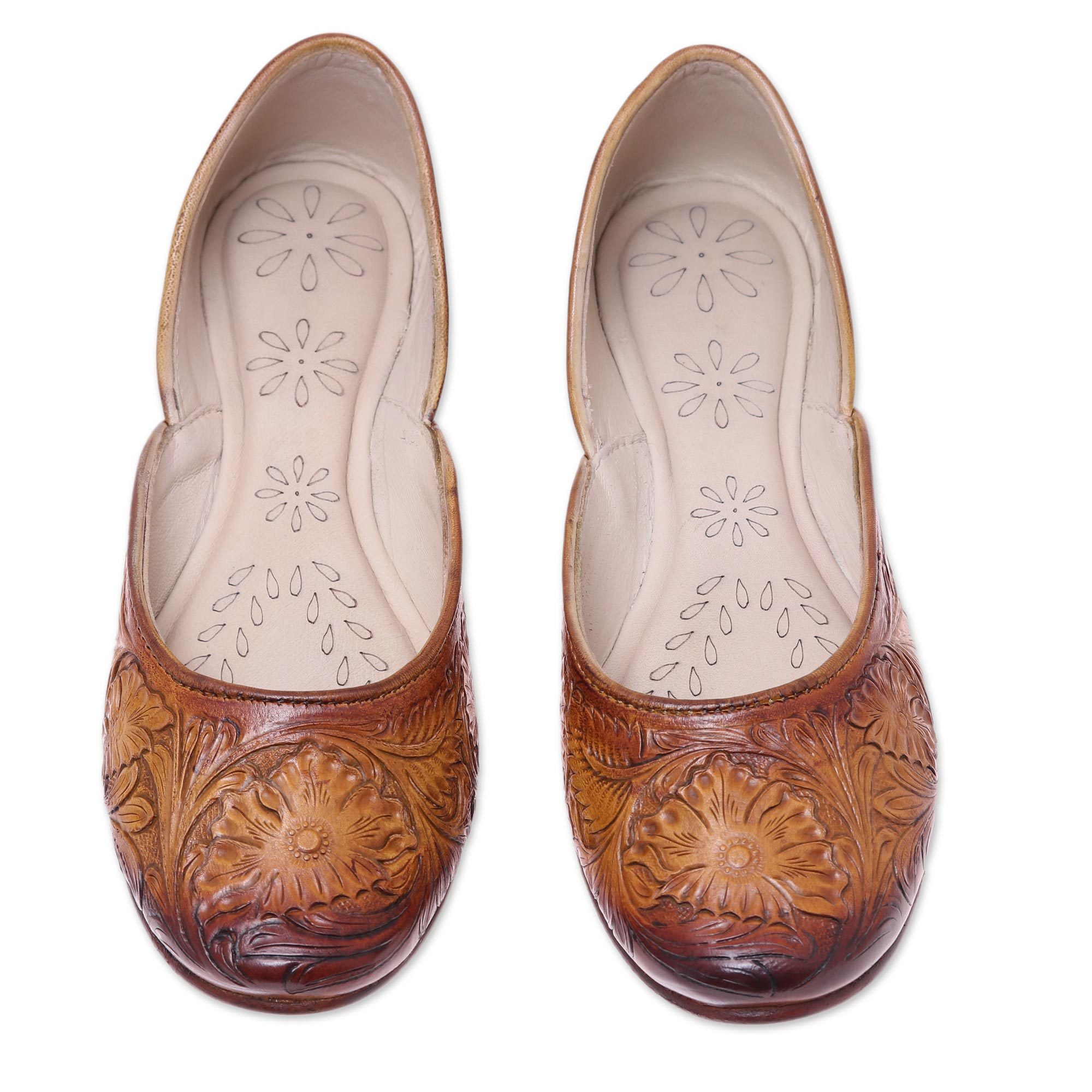 Floral Leather Jutti Shoes in Ginger from India Taj Mahal Path NOVICA