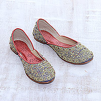 Silk jutti shoes, 'Taj Mahal Flowers' - Floral Hand-Embellished Silk Jutti Shoes from India