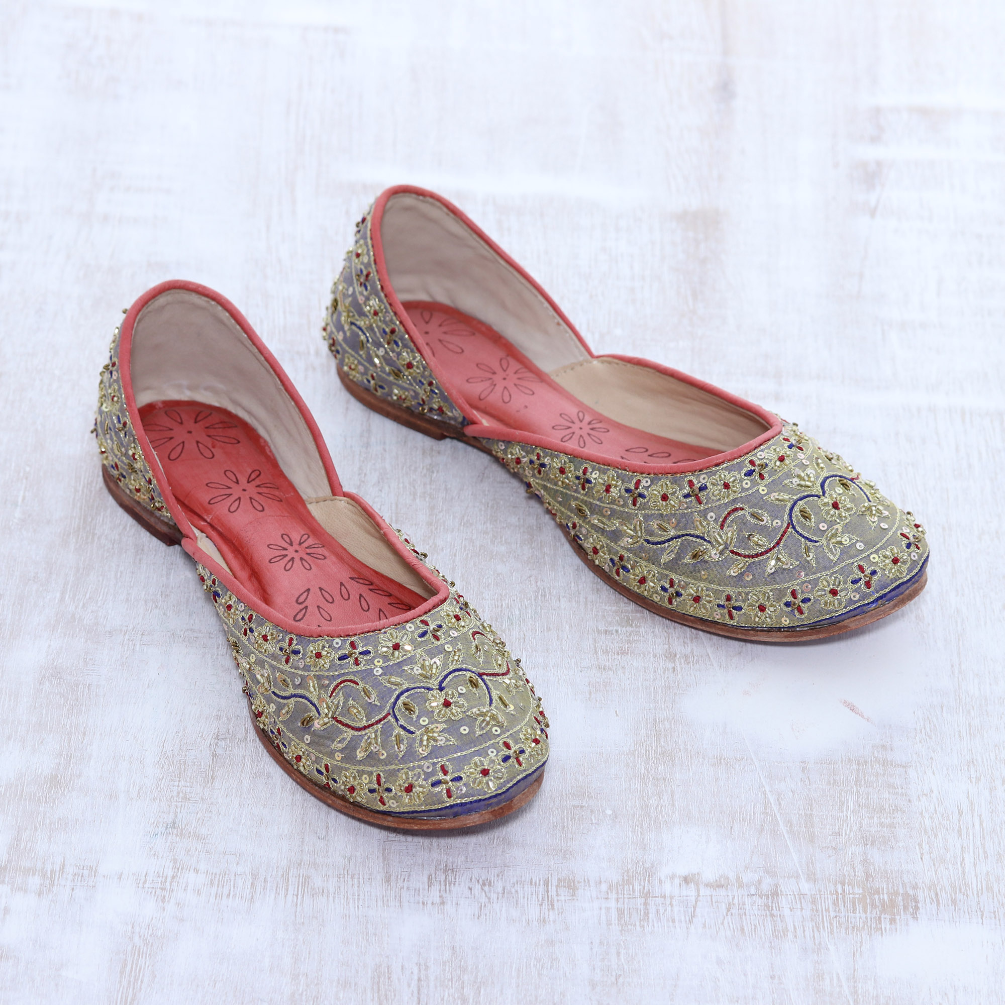 Floral Hand-Embellished Silk Jutti Shoes from India - Taj Mahal Flowers |  NOVICA