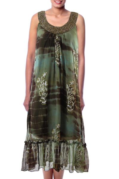 Beaded dress, 'Jaipuri Mystique' - Shibori-Dyed Green and Brown Ruffled Hem Dress with Sequins