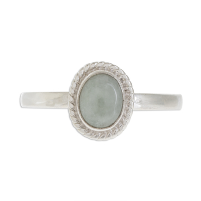 Jade solitaire ring, 'Oval Beauty' - Apple Green Jade Solitaire Ring Crafted in Guatemala
