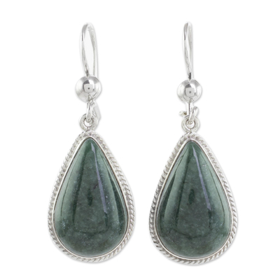 Jade dangle earrings, 'Dark Green Sacred Quetzal' - Unique Sterling Silver Jade Dangle Earrings