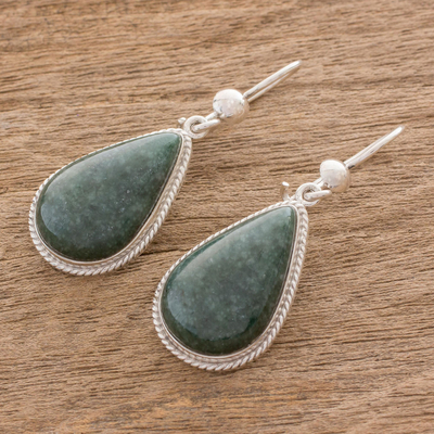 Jade dangle earrings, 'Dark Green Sacred Quetzal' - Unique Sterling Silver Jade Dangle Earrings