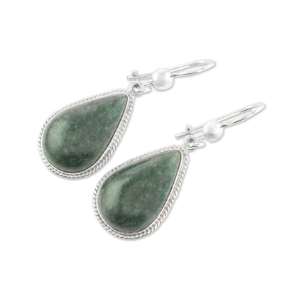 Pendientes colgantes de jade, 'Quetzal Sagrado Verde Oscuro' - Pendientes colgantes de jade de plata de ley únicos