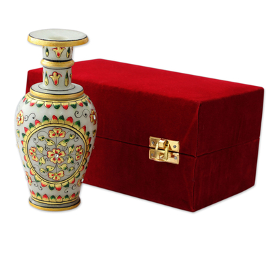 Marble decorative vase, 'Rajasthani Garden' - Makrana Marble Artisan Crafted Decorative Vase with 22k Gold