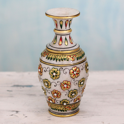 Marble decorative vase, 'Golden Agra Blossoms' - Hand Crafted Makrana Marble Decorative Vase with 22k Gold