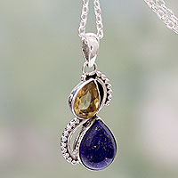 Lapis lazuli and citrine pendant necklace, 'Two Teardrops' - India Silver and Lapis Lazuli Necklace with Faceted Citrine