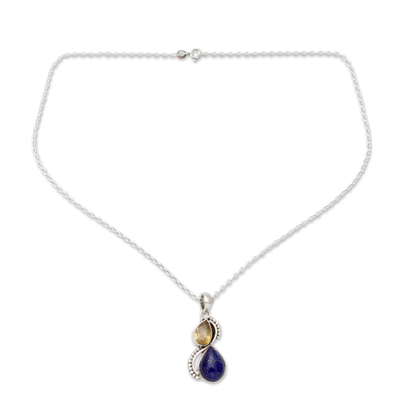Collar colgante de lapislázuli y citrino, 'Dos lágrimas' - India Collar de plata y lapislázuli con citrino facetado