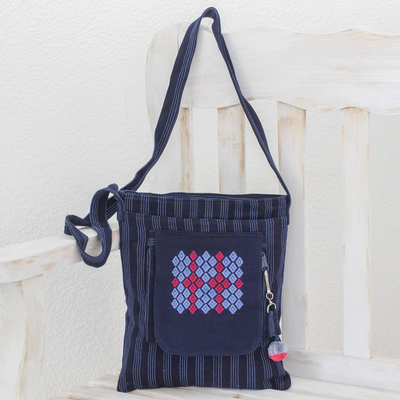 Cotton shoulder bag, 'Navy Geometry' - Cotton Shoulder Bag in Navy and Sky Blue from Guatemala