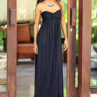 Vestido largo, 'Black Bali Empress' - Vestido largo sin tirantes de comercio justo