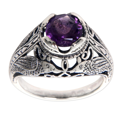 Amethyst cocktail ring, 'Starling Romance' - Bird Theme Amethyst and Sterling Silver Balinese Ring