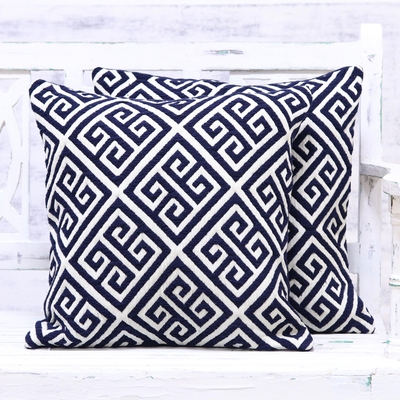 Cotton blend cushion covers, 'Greek Key' (pair) - Blue and White Geometric Cotton Blend Cushion Covers (Pair)