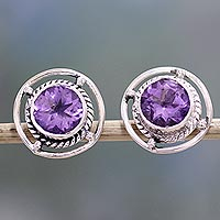 Amethyst stud earrings, 'Purple Wheels' - Amethyst and Sterling Silver Stud Earrings from India