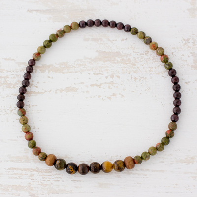 Multi-gemstone beaded stretch anklet, 'Perfect Combination' - Tiger's Eye Unakite and Garnet Beaded Anklet from Guatemala