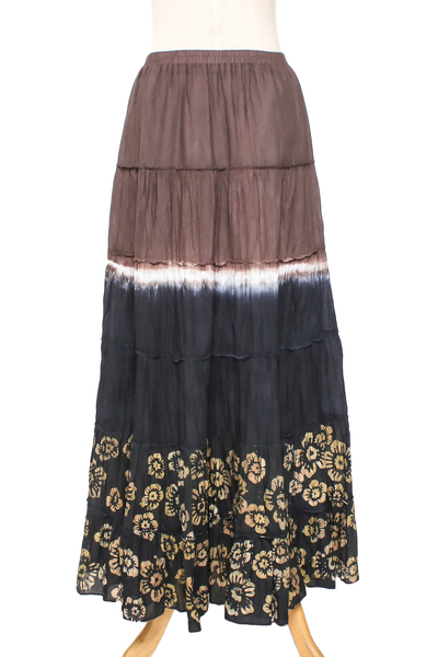 Batik cotton skirt, 'Festive Summer in Brown' - Tie Dye Batik Cotton Skirt in Brown and Coal Black Thailand