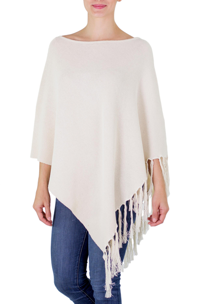 Cotton Poncho with Fringe Ivory Color from Guatemala