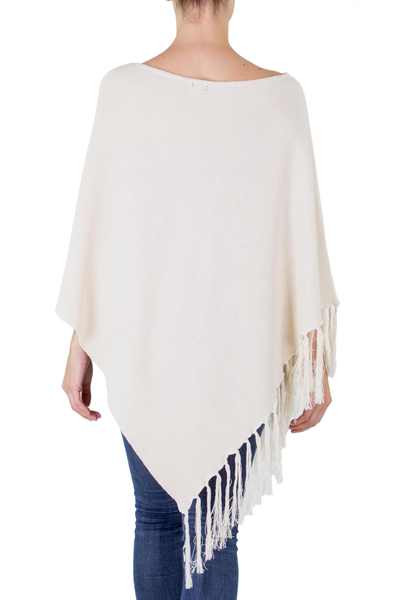 Cotton poncho, 'Spontaneous Style in Ivory' - Cotton Poncho with Fringe Ivory Color from Guatemala