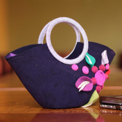 Wool handle handbag, 'Andean Purple' - Unique Floral Wool Handbag