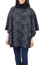 Alpaca blend reversible poncho, 'Sublime Black' - Alpaca Wool Blend Patterned Poncho