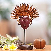 Wood and copper mask, 'Golden Sun Empress' - Artisan Crafted Javanese Display Mask