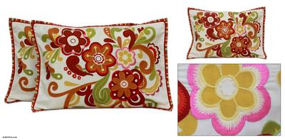 Applique cushion covers, 'Flower Festival' (pair) - Applique cushion covers (Pair)