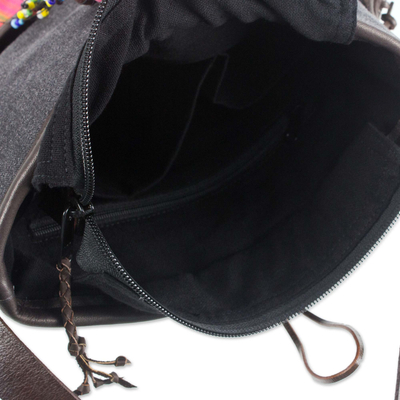 Leather accent cotton shoulder bag, 'Dokmai Black' - Leather accent cotton shoulder bag
