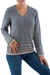 100% alpaca sweater, 'Fantasy Glyphs' - Women's Patterned Blue Brown Alpaca Sweater Knitted in Peru thumbail