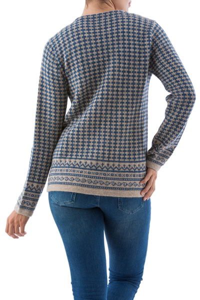 100% alpaca sweater, 'Fantasy Glyphs' - Women's Patterned Blue Brown Alpaca Sweater Knitted in Peru