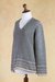 100% alpaca sweater, 'Fantasy Glyphs' - Women's Patterned Blue Brown Alpaca Sweater Knitted in Peru (image 2e) thumbail