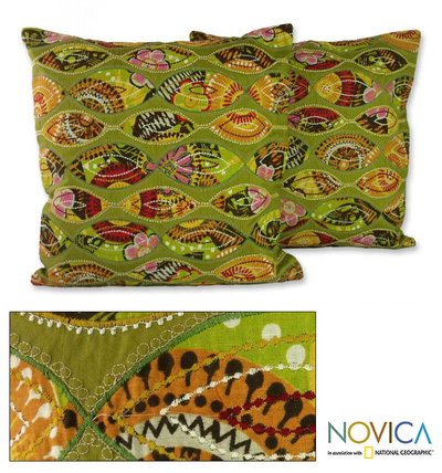 Cushion covers, 'Meeting Eyes' (pair) - Handmade Patterned Cushion Covers (Pair)