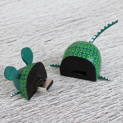 Wood alebrije flash drive, 'Mischievous Mouse' - Hand-Painted Alebrije Mouse USB Drive from Mexico