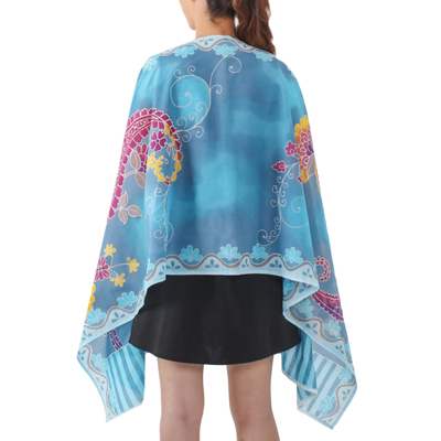 Cotton batik shawl, 'Paradise Garden' - Blue Cotton Shawl with Paisley and Flower Batik Motifs