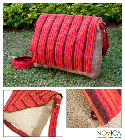 Jute and cotton messenger bag, 'Maya Sunset' - Handcrafted Cotton and Jute Striped Messenger Bag 
