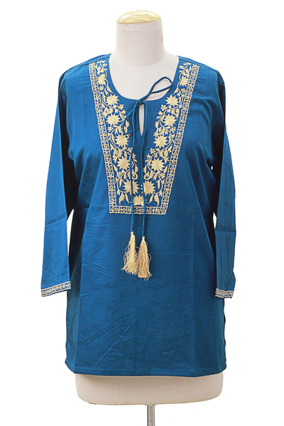 Cotton tunic, 'Celestial Gardens' - Teal and Beige Embroidered Flower 100 % Cotton Tunic