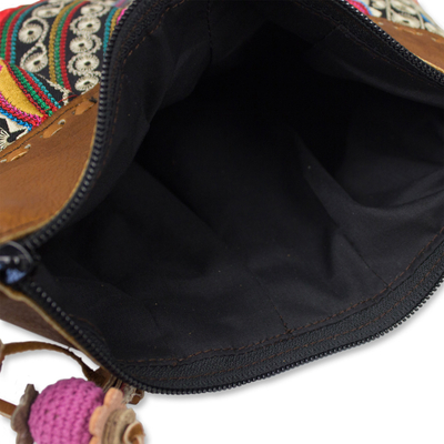 Leather accented shoulder bag , 'Red Mandarin Garden' - Embroidered Floral Shoulder Bag with Leather Accents