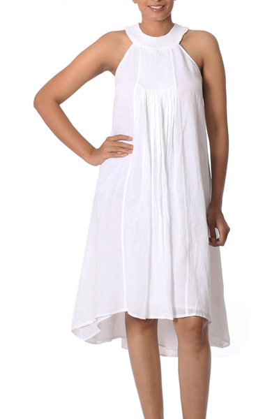 White cotton sundress, 'Indian Summer' - Indian Smocked White Cotton Sundress for Women