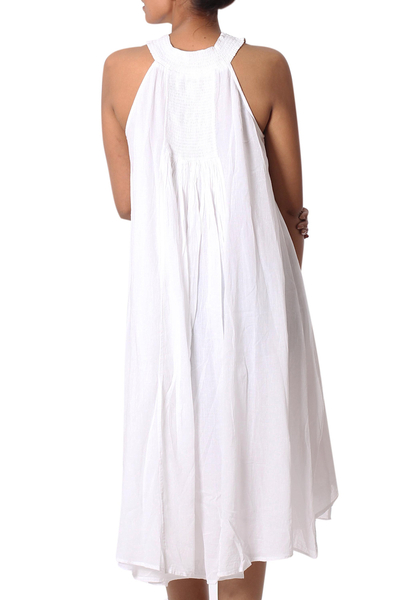White cotton sundress, 'Indian Summer' - Indian Smocked White Cotton Sundress for Women