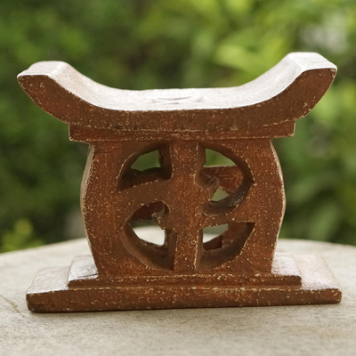 Wood decorative stool, 'Adinkra in Brown' - Hand Carved Brown Sese Wood Decorative Stool from Ghana