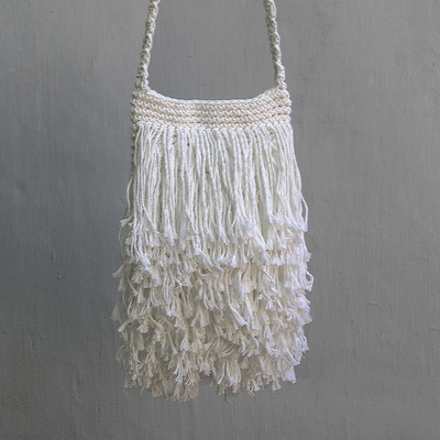 Cotton shoulder bag, 'Natural Malang' - Handcrafted Balinese Cotton Shoulder Bag with Large Fringes