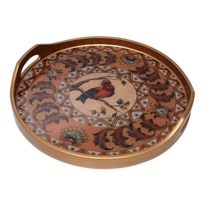 Reverse painted glass tray, 'Bird in Autumn' - Painted glass tray