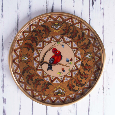 Reverse painted glass tray, 'Bird in Autumn' - Painted glass tray