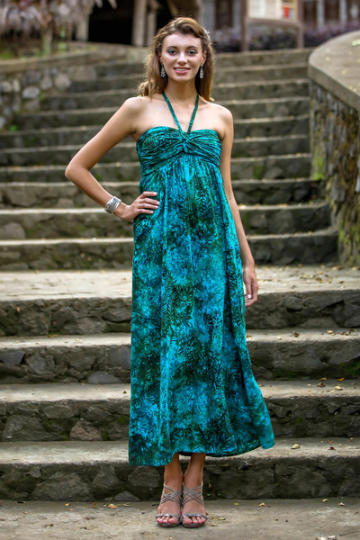 Rayon batik maxi dress, 'Java Emerald' - Batik Rayon Tropical Maxi Dress Made in Indonesia